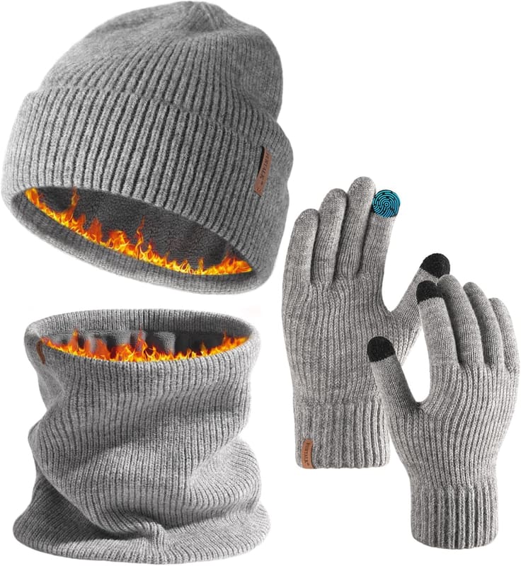 Beanie, scarf, texting gloves