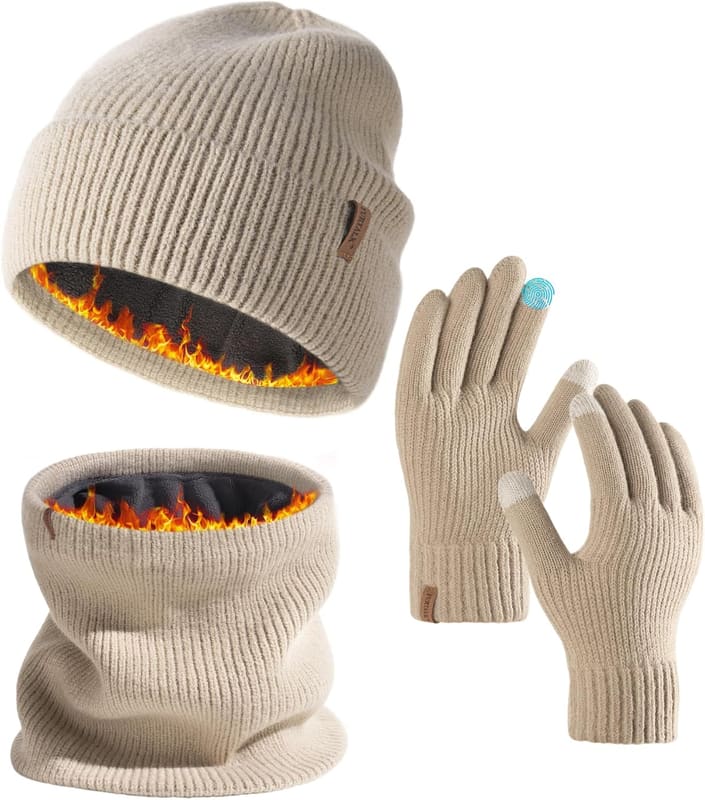 Beanie, scarf, texting gloves