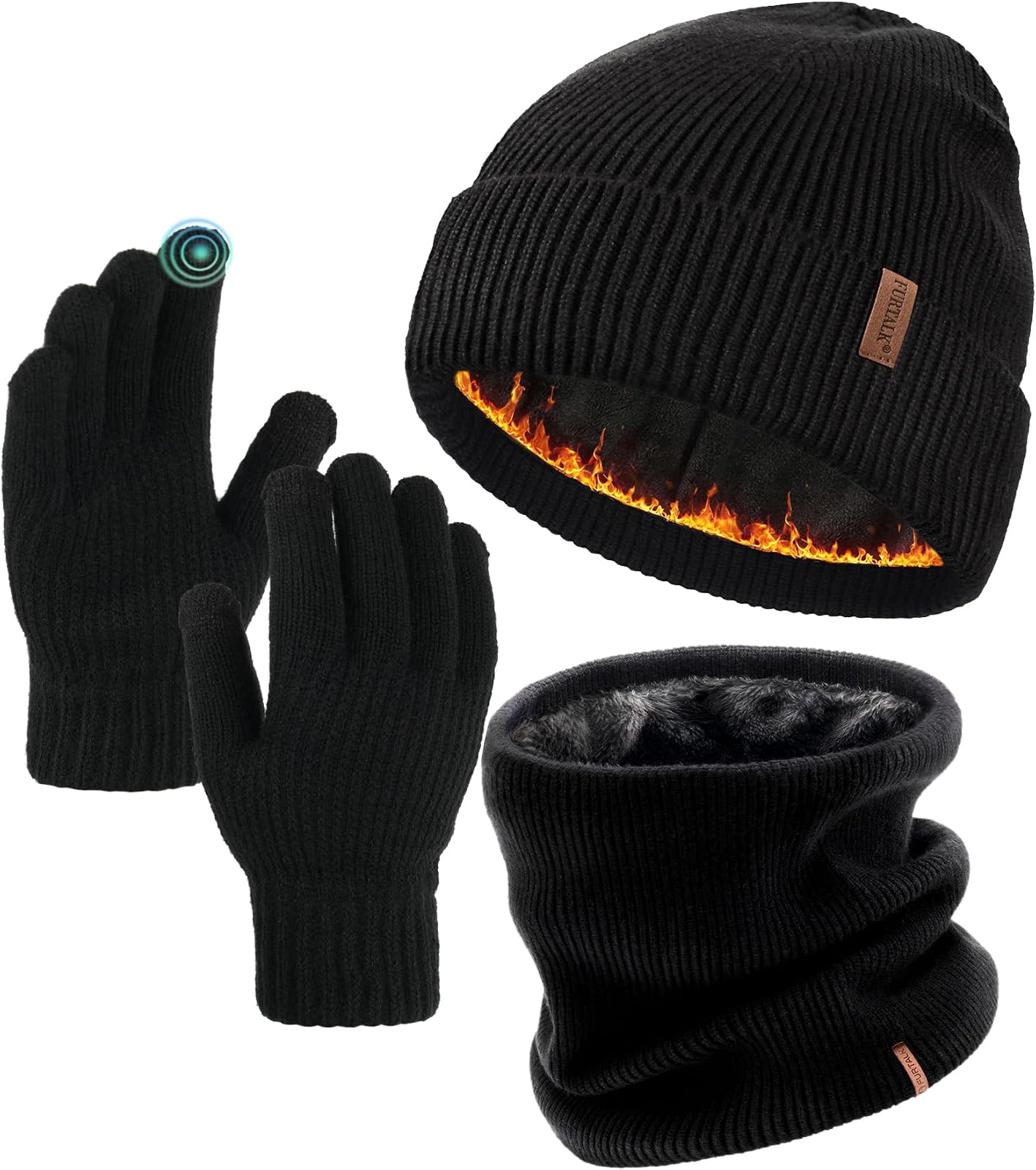 Beanie, scarf, texting gloves