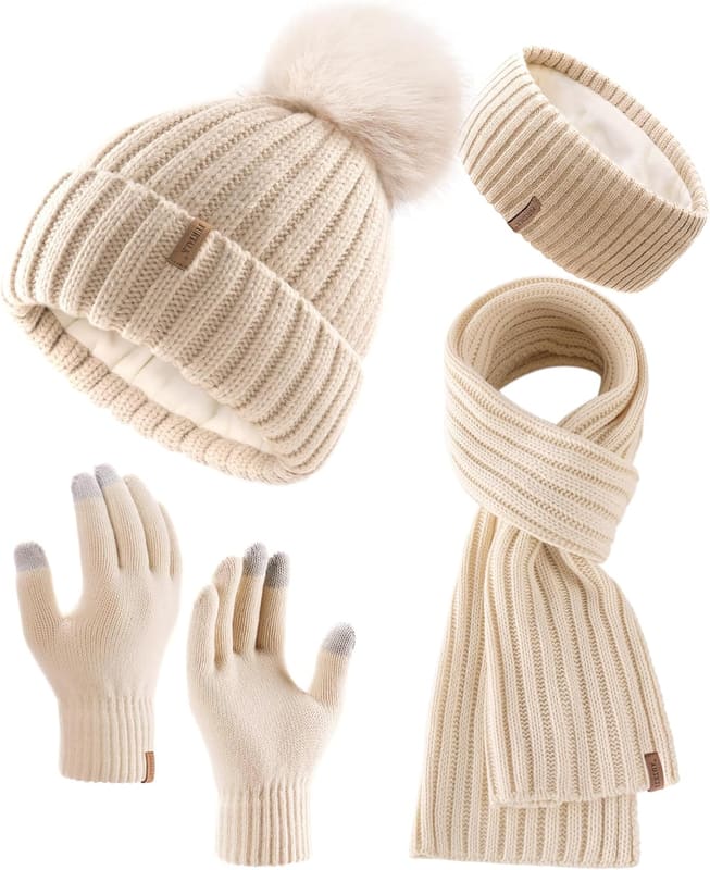Fleece lined Pom pom winter set, four pack