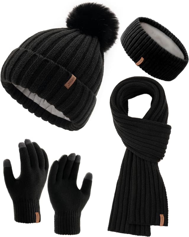 Fleece lined Pom pom winter set, four pack