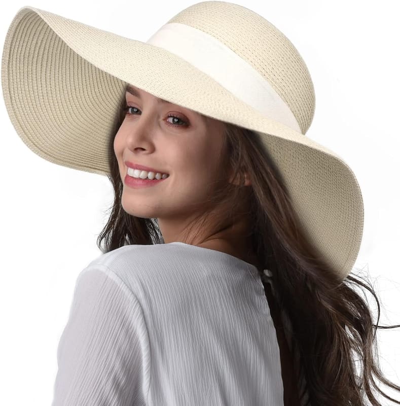 Floppy summer straw hat in beige with beige band