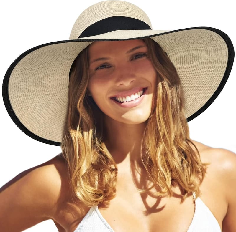 Floppy summer straw hat in beige with black brim