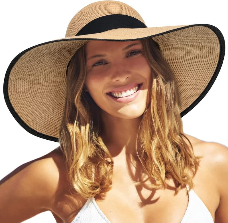 Floppy summer straw hat in khaki with black brim