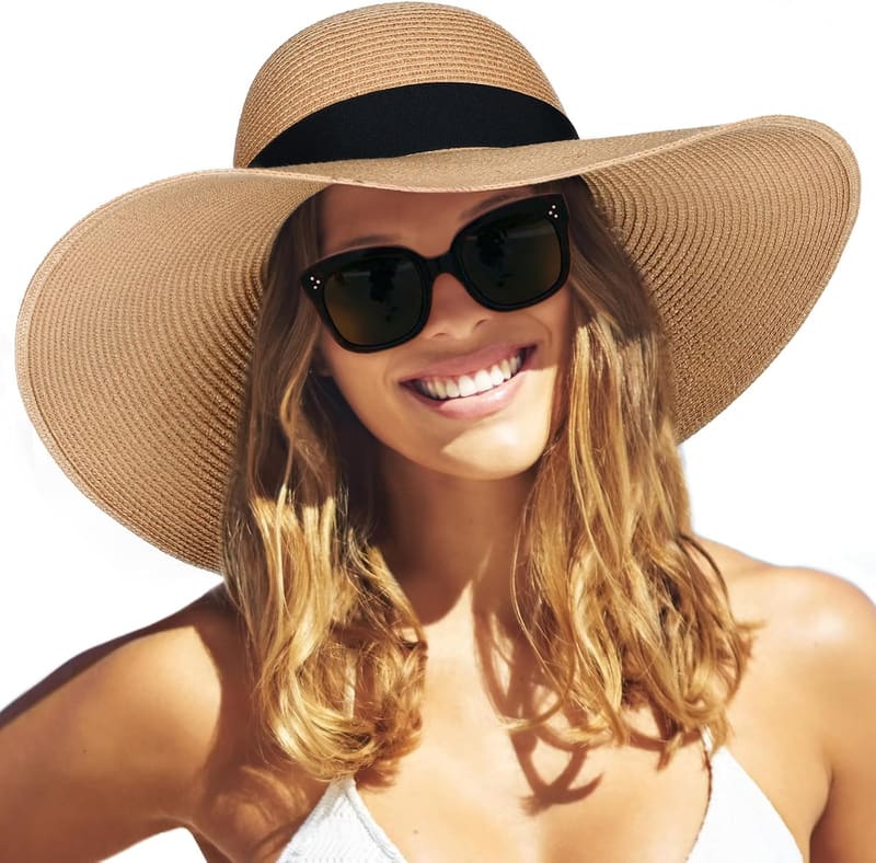 Floppy summer straw hat in khaki
