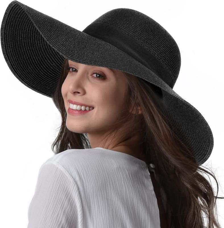 Floppy summer straw hat in pure black