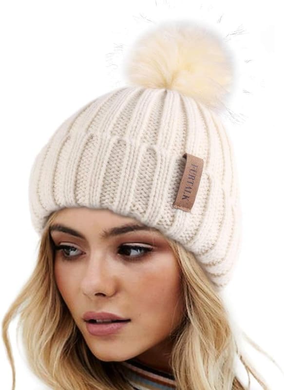 Pom pom knit beanie in beige with beige pom