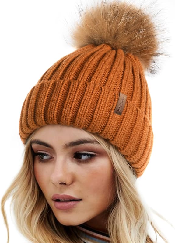Pom pom knit beanie in caramel
