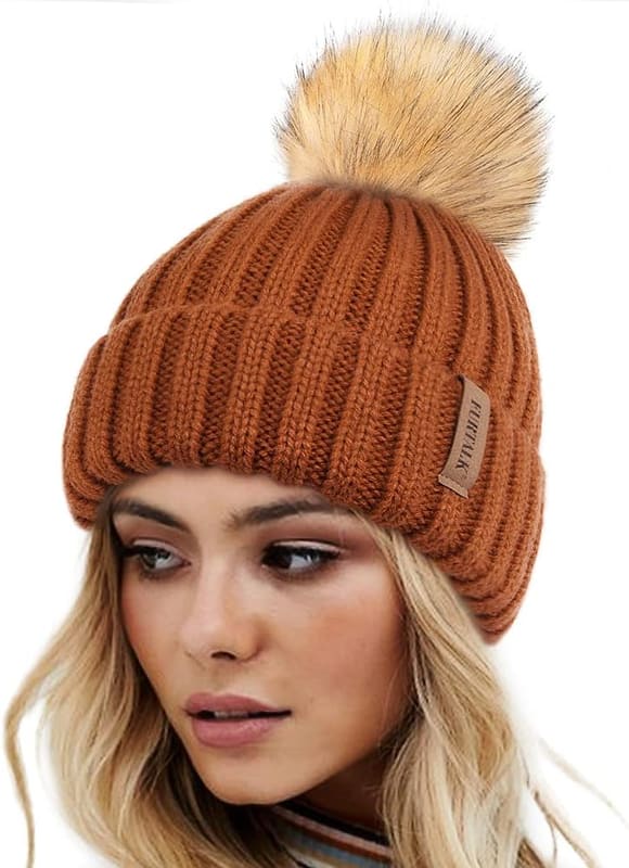 Pom pom knit beanie in dark orange