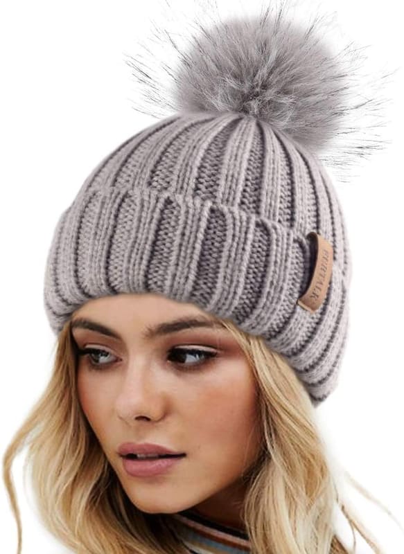Pom pom knit beanie in fog gray