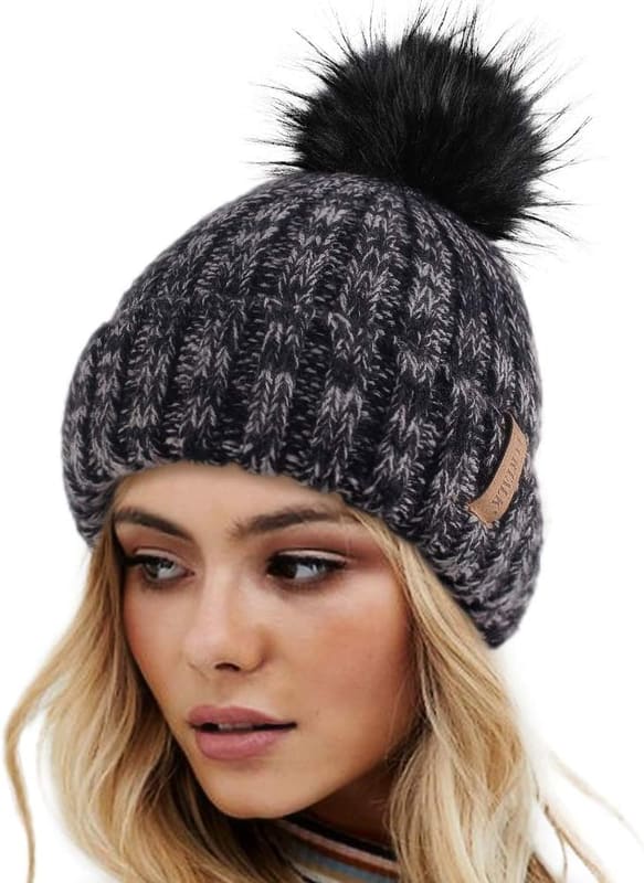 Pom pom knit beanie in mixed black with black pom
