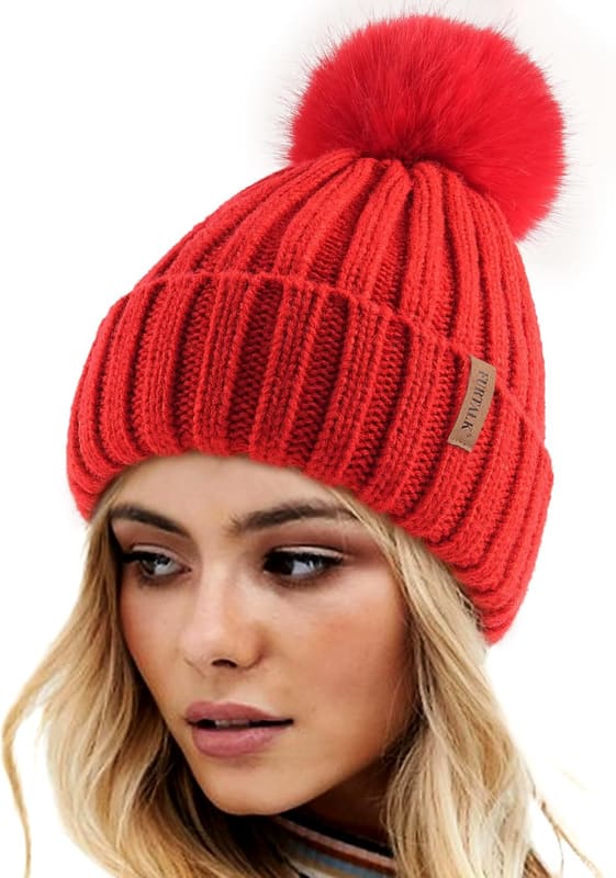 Pom pom knit beanie in red with red pom