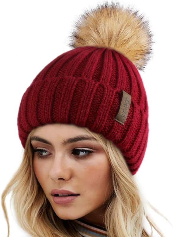 Pom pom knit beanie in wine red