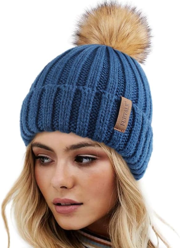 Pom pom knit beanie in wood blue