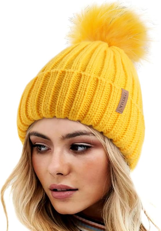 Pom pom knit beanie in yellow with yellow pom