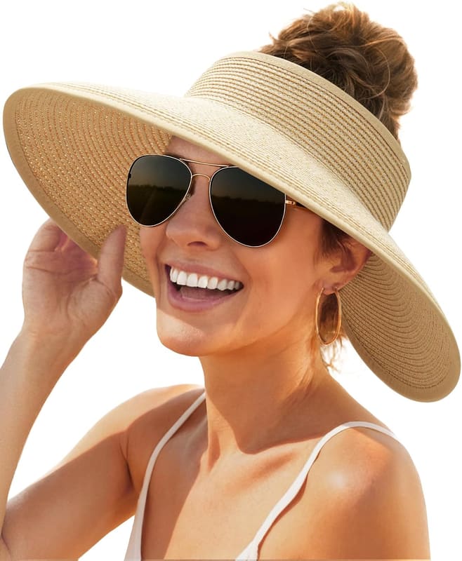 Ponytail straw visor in beige khaki mix