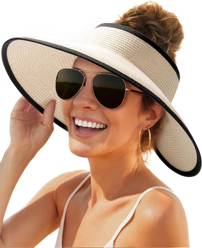 Ponytail straw visor in beige with black