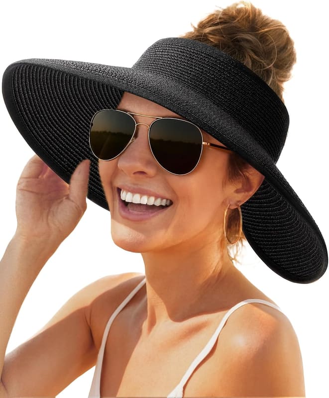 Ponytail straw visor in black
