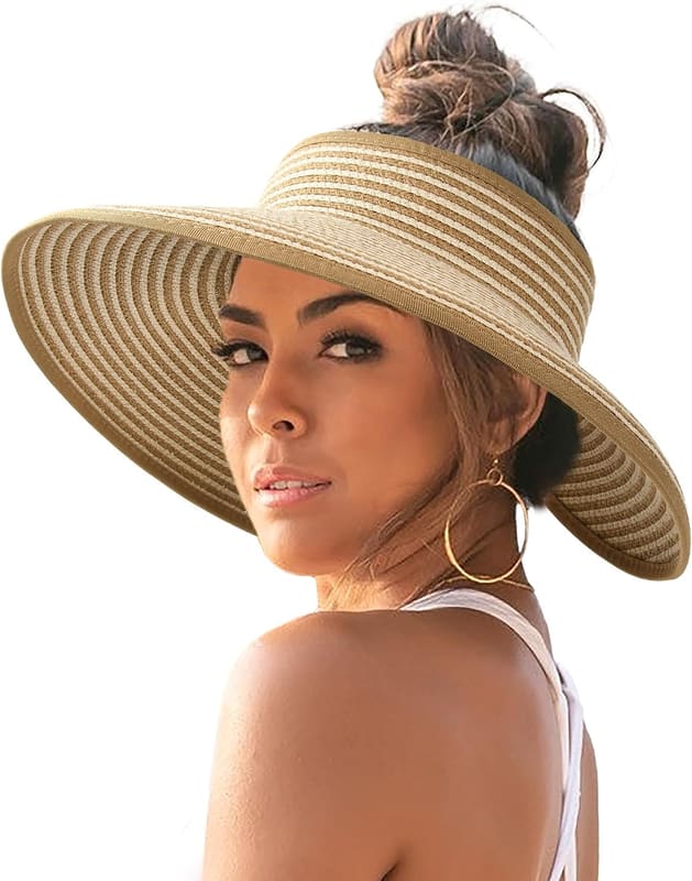 Ponytail straw visor in khaki beige stripes