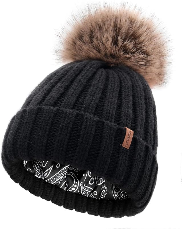 Satin lined pom beanie