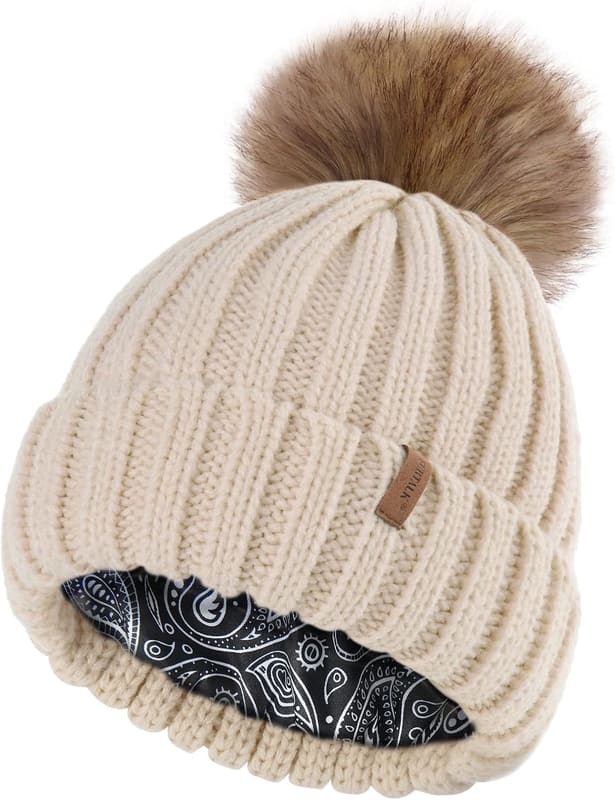 Satin lined pom beanie
