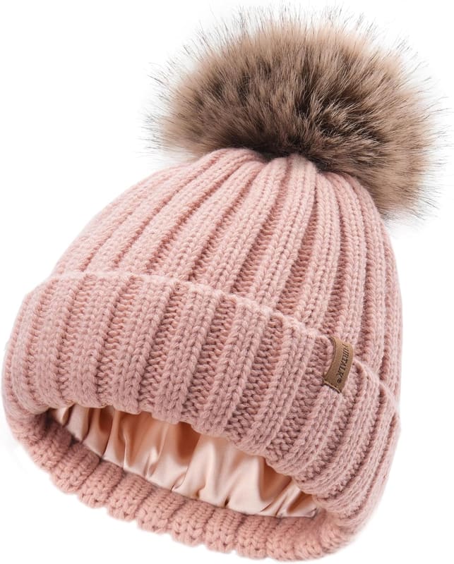 Satin lined pom beanie