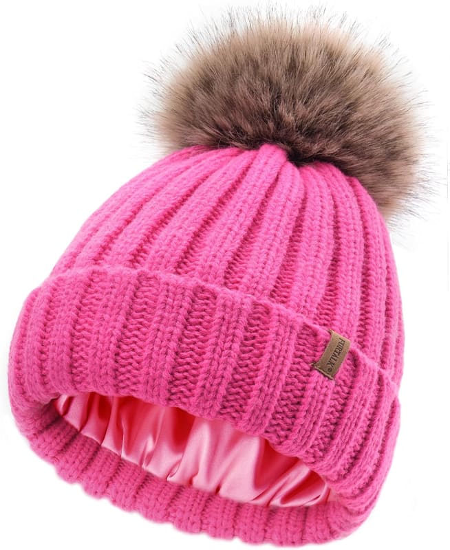 Satin lined pom beanie