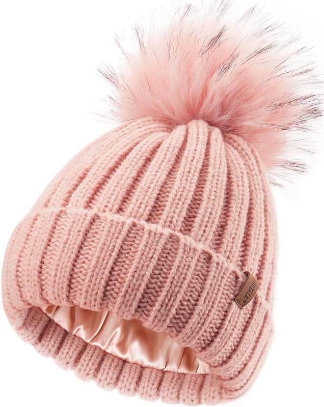 Satin lined pom beanie