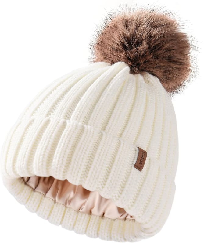 Satin lined pom beanie