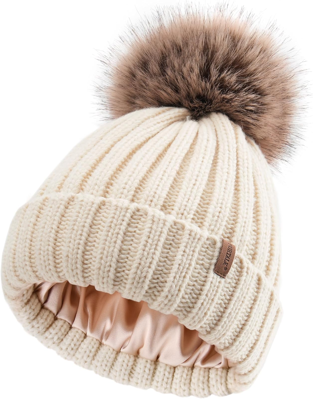 Satin lined pom beanie