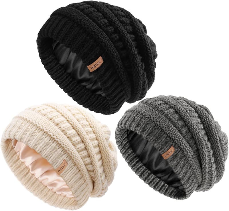 Satin lined Slouchy skull cap, three pack