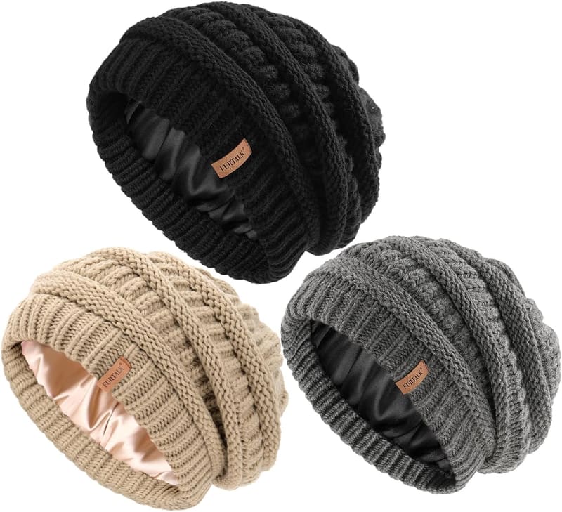 Satin lined Slouchy skull cap, three pack