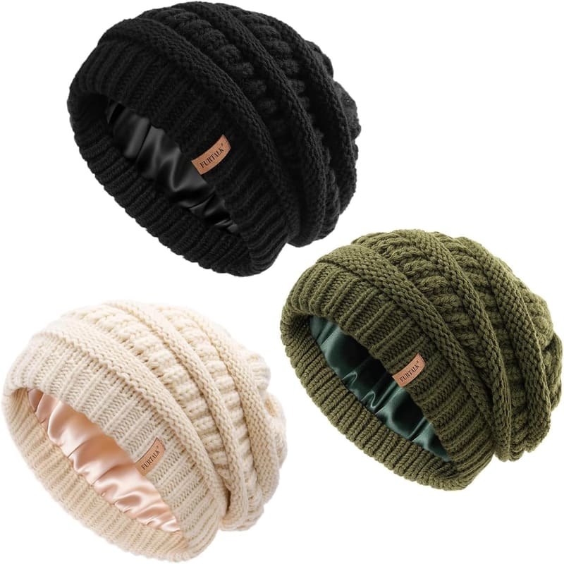 Satin lined Slouchy skull cap, three pack