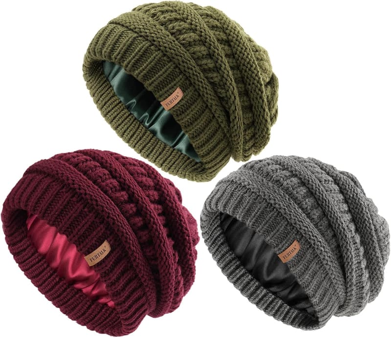Satin lined Slouchy skull cap, three pack
