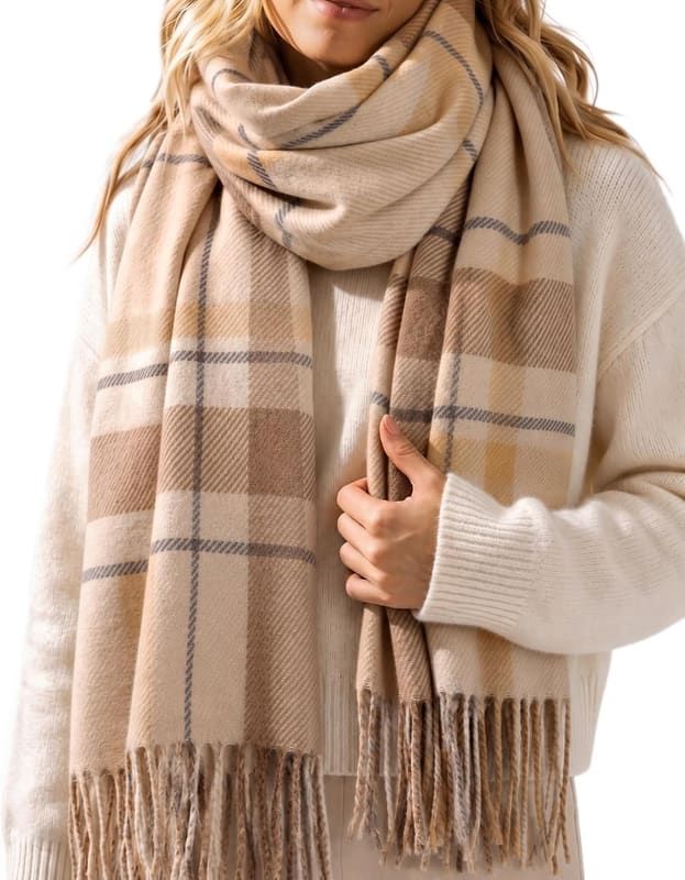 Tassel plaid wrap in khakibrown