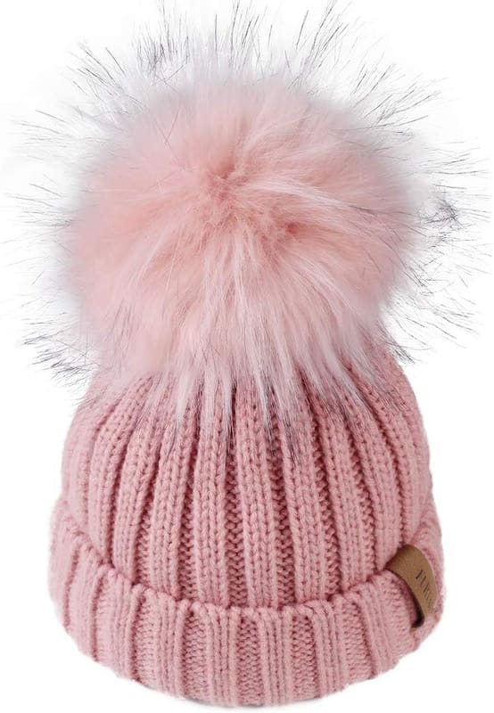 Toddler beanie in pink with pink pom