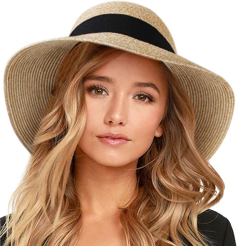 Wide brim travel straw in mixed beige khaki
