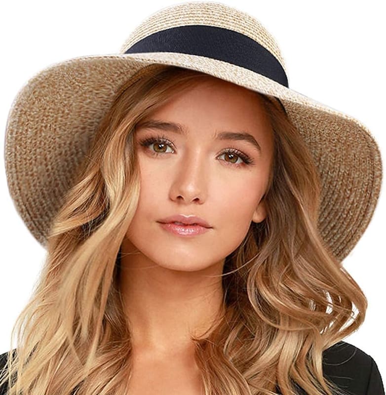 Wide brim travel straw in mixed beige